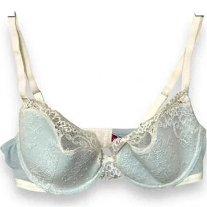 Adore Me NWT 36D Baby Blue and White Lace Evelyn Unlined Demi Bra Natural Shape